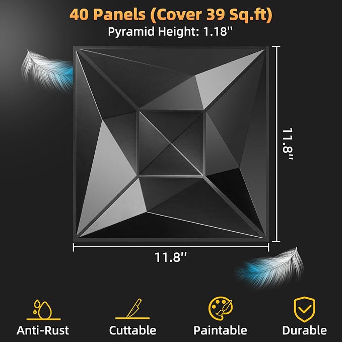 40 PCS 3D Wall Panels for Interior Wall Décor Black 11.8"*11.8" Covering Panels, PVC Textured 3D Wall Tile for Living Room, Bedroom DIY Interior Décor - Image 2
