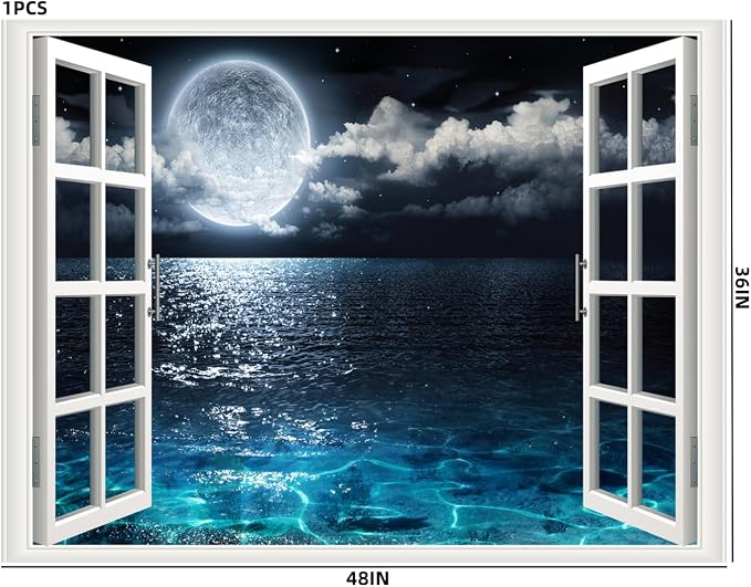 Self-Adhesive Wall Sticker Romantic Living Room Bedroom Study Office Decorative Wall Sticker Ocean Scenery Fake Window Sticker Mural (36"×48", Moon Beach) - Image 6