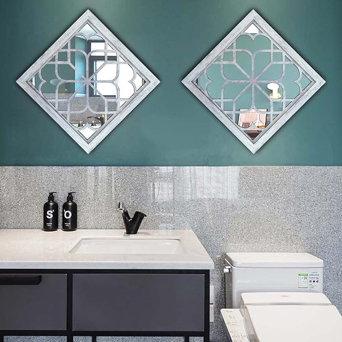 Wocred 2 PCS Square Wall Mirror,Gorgeous Rustic Farmhouse Accent,Rustic White Color Entry for Bathroom Renovation,Bedrooms,Living Rooms and More(12”x12”) - Image 4