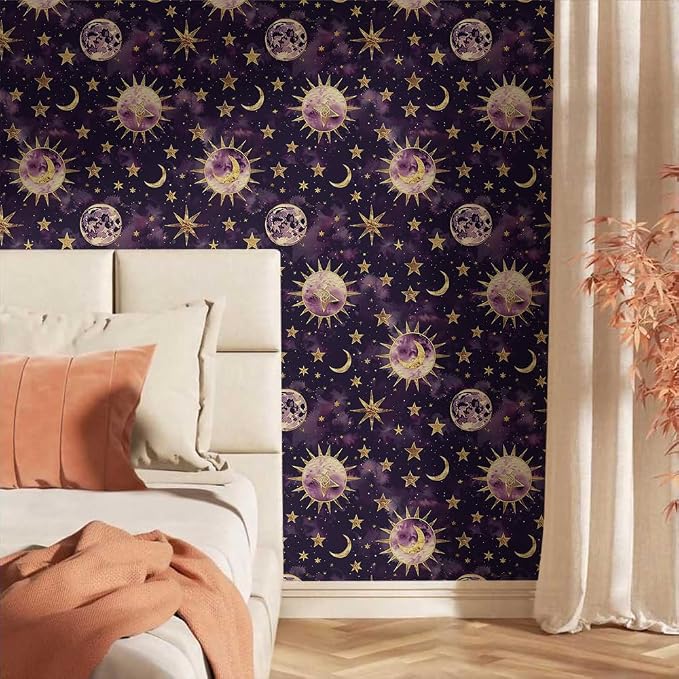 18"x236" Purple Gold Celestial Glittery Sun Star Peel and Stick Self Adhesive Wallpaper Removable Contact Paper Stick on Easy Peel Off Wall Paper for Kitchen Bedroom Bathroom Renter - Image 2