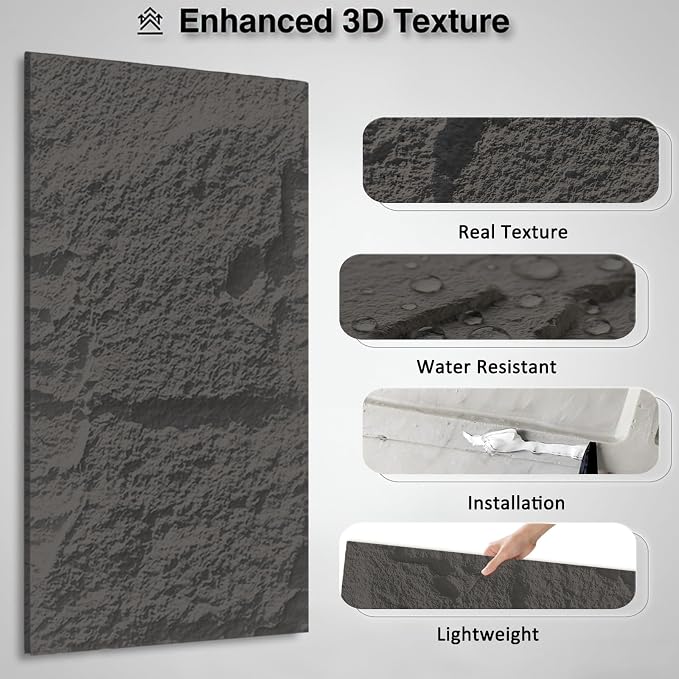 3D Faux Stone Wall Panels, 1.18" wall Panels for Interior wall Decor, 4 PCS PU Wainscoting Panel， Cement Texture， Thicker Accent， for Living Room, Office, 47.2" x 23.6", (Dark Brown) - Image 3
