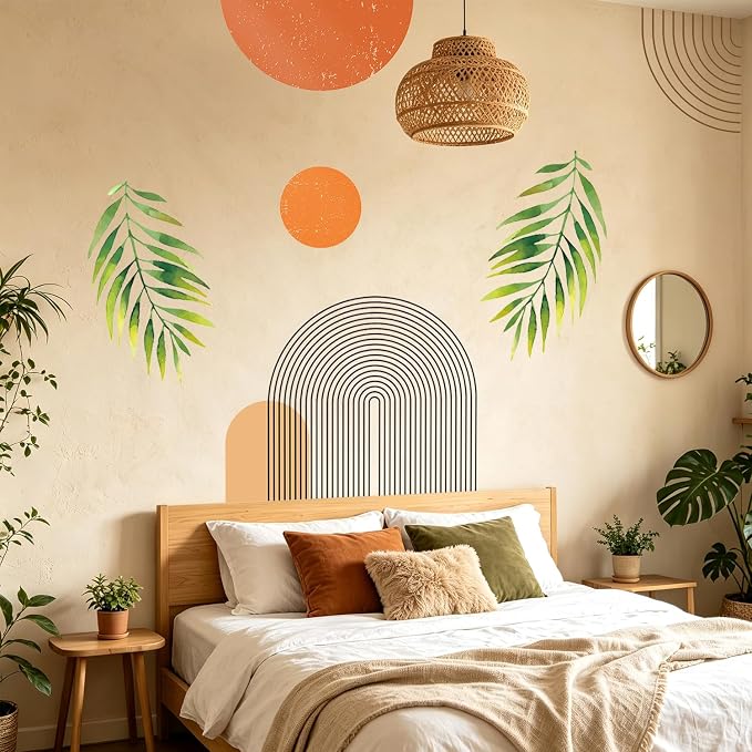Boho Mid-Century Geometric Arch Palm Leaf Removable Wall Decor Sticker Art | Peel and Stick Archs Sun Vinyl Wall Stickers, Removable Leaves Plants Home Decor for Bedroom Living Room Classroom Office - Image 4