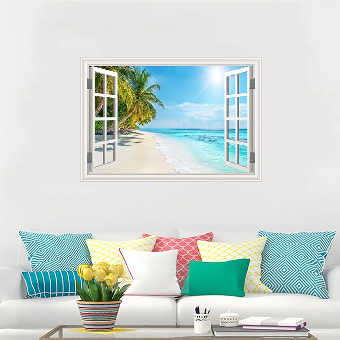 Fake Window Wall Decal- Summer Beach Ocean Tropical Coconut Tree Art Mural | Faux Window Natural Scenery Landscape Sticker｜ Stick and Peel Wall Decals｜Room Bedroom Office Decor｜48"x32",Set of 2 Sheets - Image 4