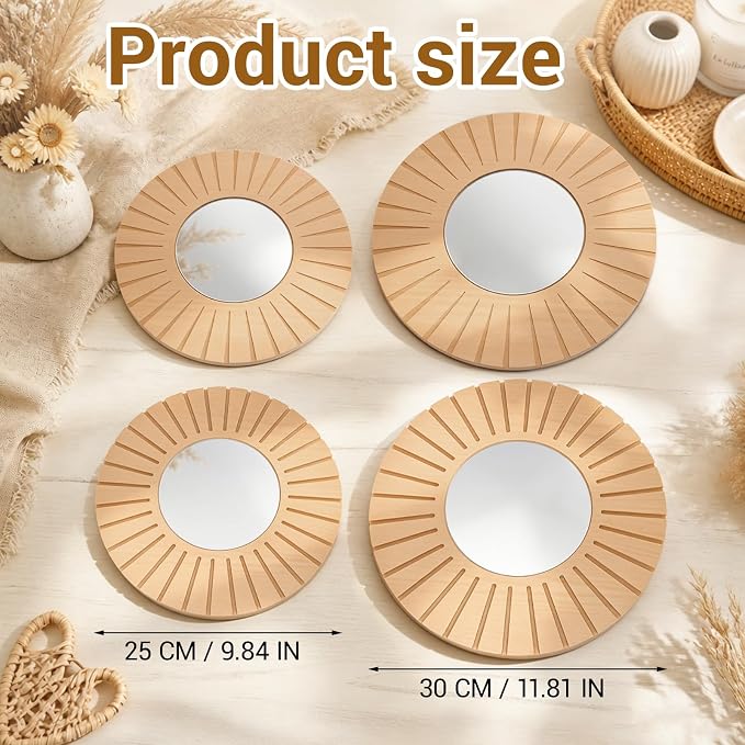 Yerliker 4 Pack Boho Wall Decor Mirror 12" 10" Hanging Baskets Wall Art Decorative Round Mirror with Wooden Frame Rustic Farmhouse Home Decor for Bedroom Living Room Dining Room Nursery - Image 2