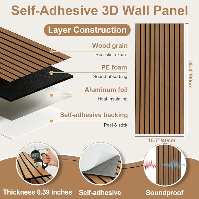 Safiyya 3-Piece 3D Thick Wood Slat Wall Panels for Interior Wall Decor 15.7 "x35.4", Self-Adhesive Acoustic Wall Panels for Stylish Decor and Noise Reduction, Teak - Image 5