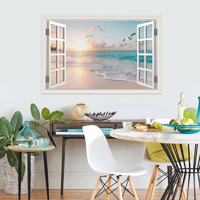 Fake Window Wall Mural Sticker -Summer Sunset Beach Open Wall Art Decal | Faux Window Natural Scenery Landscape Decorations｜Stick and Peel Decals｜for Room Bedroom Office Scene Picture Decor｜24"x16" - Image 6