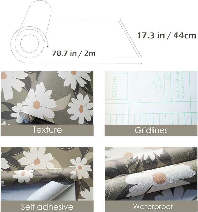 Floral Wallpaper Peel and Stick, Green Daisy Flower Removable Self Adhesive Wallpaper for Bedroom Bathroom Cabinet, 17.3‘’×78.7‘’ - Image 2