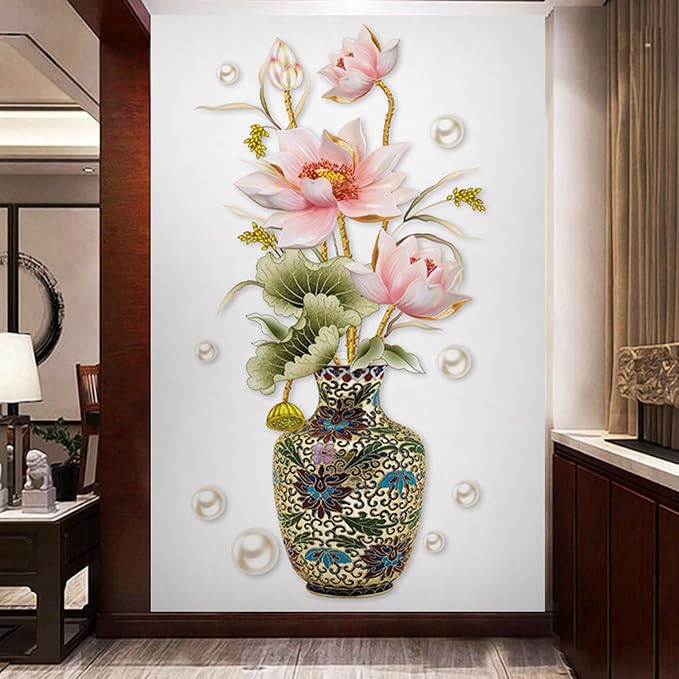 Chinese Style Lotus Flower Vase Wall Sticker, 24"x47" Classical Lotus Flower Wall Decals Murals Peel and Stick 3D Wall Art Stickers for Girls Bedroom Nursery Living Room TV Home Decor - Image 7