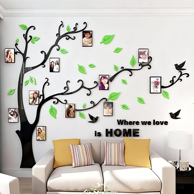 3D Tree Wall Stickers - DIY Photo Frame Tree Wall Decal Family Photo Frame Sticker Murals Wall Decor Living Room Bedroom TV Background Home Decorations (S:54 * 39in,Pale Green Right) by guangmu