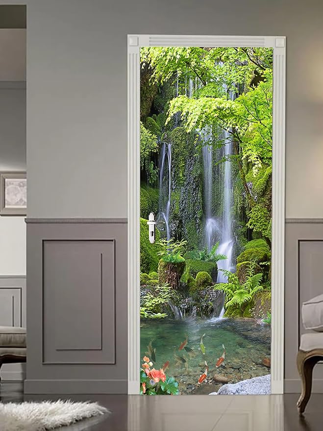 artfanke 3D Peel and Stick Door Sticker 33.5"x84.6"-Self-Adhesive Door Murals Wallpaper-Green Forest Waterfall Wall Decal for Home Decor (2 Sheets/Set) - Image 2