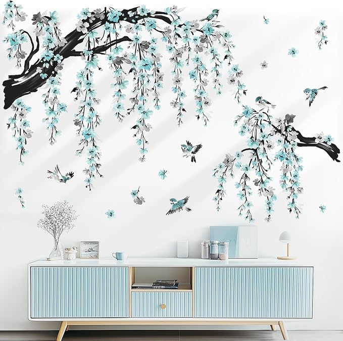 wondever Blue Flower Branch Wall Decals Blossom Tree Branches Wall Stickers | Peel and Stick, Removable, Wall Art Decals, Wall Decoration, Living Room Bedroom, Office Sofa TV Home Wall Decor - Image 3