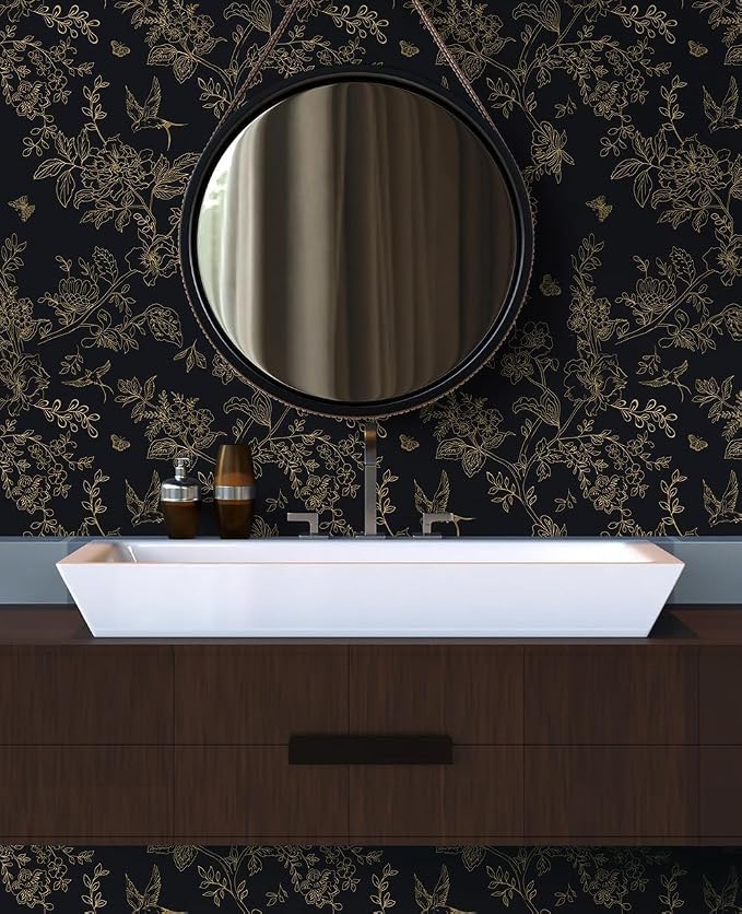 Froluya Black Gold Floral Wallpaper Peel and Stick Wallpaper 17.7in×590.5in | Dark Floral Contact Paper Peel and Stick Vintage Boho Birds Removable Self Adhesive Wallpaper for Bathroom Cabinets Vinyl - Image 5