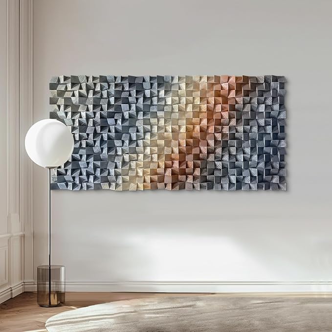 LIUZEYUE Statement-Size Modern Mosaic Wall Art, Sculptural Wood Grain | pine block wall sculpture; dark blue and warm bronze, shadow-casting facets; living room wide sofa backdrop; 35.4 x 70.9 in - Image 6