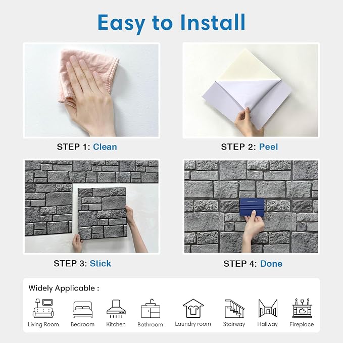 COMSTICKC 3D Faux Stone Wall Panels Peel and Stick, 10 Pcs 11.8" x 11.8" | Gray, Not Real Stone, Ultra-Light Thin PVC 3D Fake Rock Wall Sticker Covering for Easy DIY Interior Decor, Cover 9.7 sq ft - Image 8