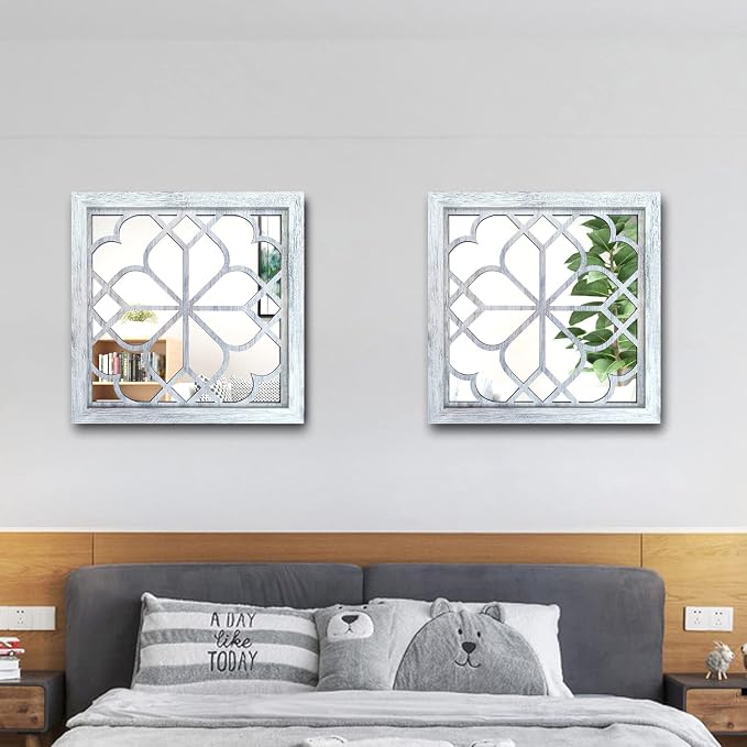 Wocred 2 PCS Square Wall Mirror,Gorgeous Rustic Farmhouse Accent,Rustic White Color Entry for Bathroom Renovation,Bedrooms,Living Rooms and More(12”x12”) - Image 5