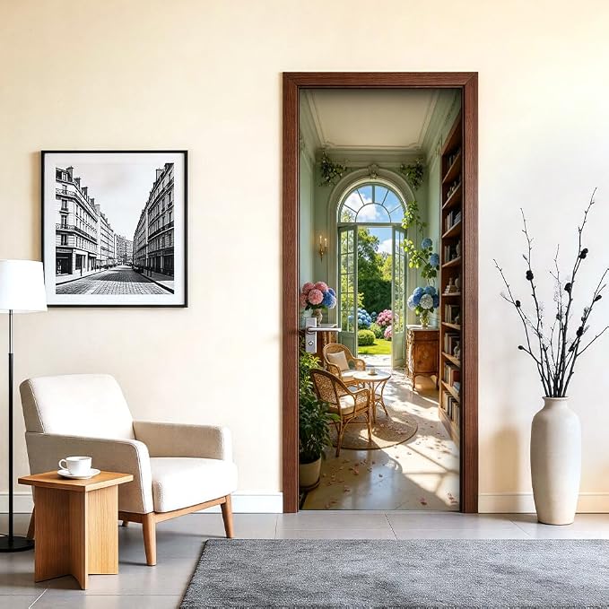 Sunlit Reading Nook Peel and Stick Door Mural 30.31x78.74 in | Sunlit reading nook with a garden view; self-adhesive vinyl that smooths onto flat study or bedroom doors - Image 2