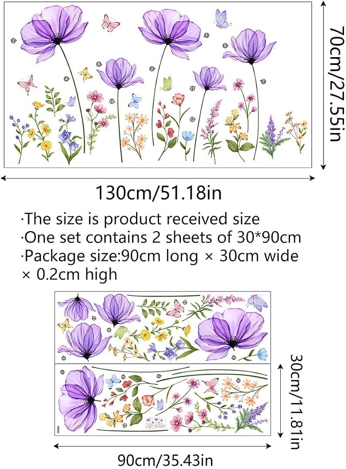 Purple Flower Wall Decals, Removable Wall Stickers & Murals for Living Room- 51.18inches x27.55inches - Image 2