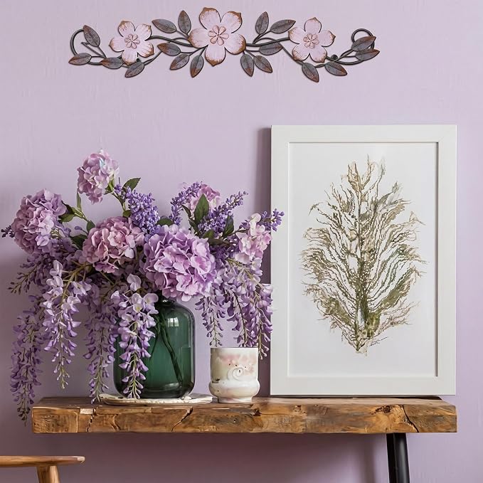 Wesiti Metal Flower Wall Decor Wrought Iron Scroll 15.7x3.7,Purple | Vintage Metal Flower decor,Farmhouse Leaf Art with Nails, Flat Not 3D Design, For Bedroom Kitchen Indoor Outdoor Wall Decor - Image 5