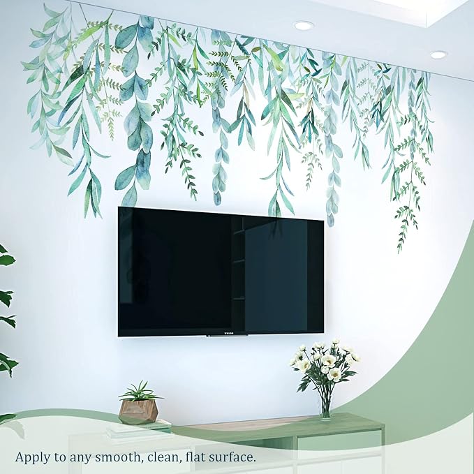 Green Hanging String of Willow Wall Decals Peel and Stick, Large Plants Vinyl Wall Stickers, Removable Vine Home Decor Art for Bedroom Living Room Classroom Office - Image 6
