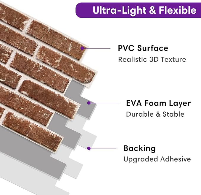 3D Peel and Stick Faux Brick Wall Panels 15.7" x 11.8" 10-Pack | Retro Brown, Brick-Look Textured Sticker, Thin Lightweight PVC Self Adhesive Wall Tiles for Interior Decor, Cover 12.9 sq ft - Image 4