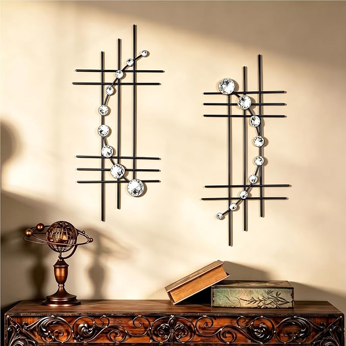 ZEXUIRU 2 Pcs Abstract Metal Art for Wall Decor Living Room Bedroom Bathroom Office Metal Bling Modern Geometric Hanging Vertical Small Iron Sculpture Plaque Pack -Black 24in by ZEXUIRU