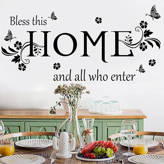Black Vinyl Wall Sticker Wall Word Quotes Bless This Home and All who Enter Wall Decals Flowers Butterfly Wall Decor Sticker for Entryway Living Room Home Decor. - Image 2