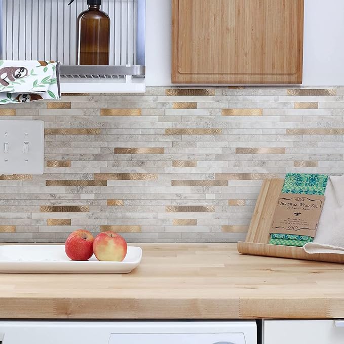 KASARO Peel and Stick Marble Backsplash Tile, 1-Sheet, Beige Marble with Vintage Golden Stripes, Self-Adhesive Aluminum Wall Tile for Kitchen, Bathroom, Fireplace, RV (11.4”x10.6”, 4mm Thick) - Image 4