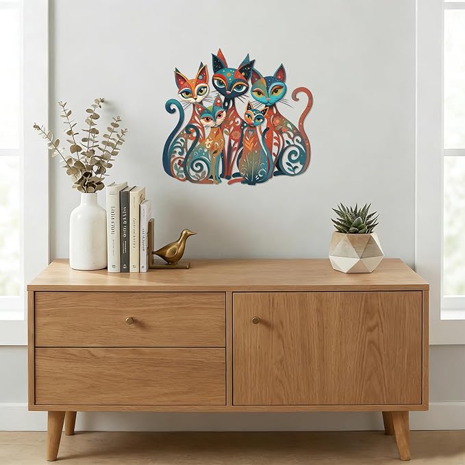 Wesiti Cat Wall Art Metal Sculpture Colorful Mid Century 13.58x12.40 | Retro Iron Sculpture for Cat Lovers, Home Living Room Bedroom Kitchen Office Wall Decor, Timeless Design - Image 4