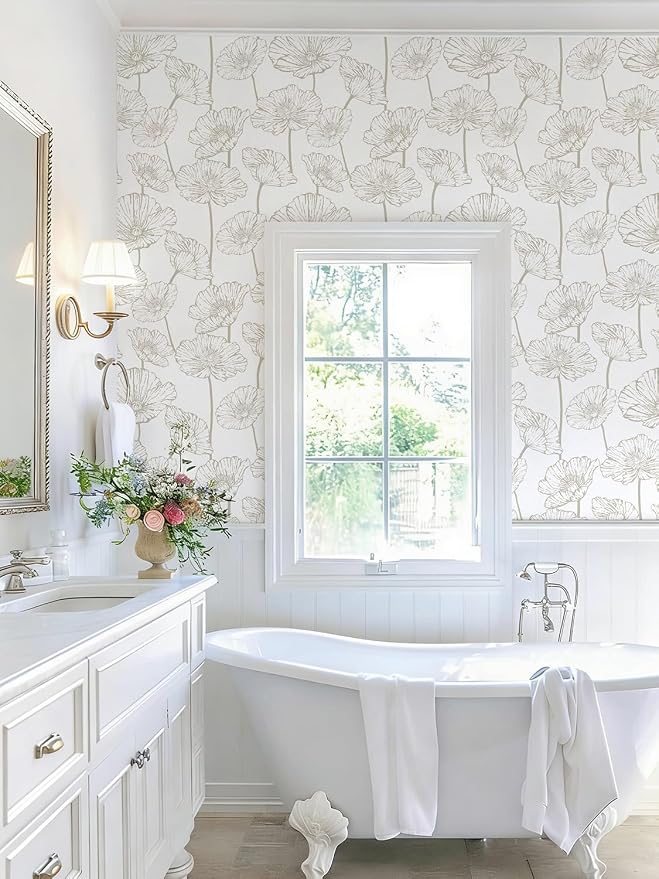 Orainege Modern Peel and Stick Wallpaper Beige and White Floral Wallpaper | 17.3inx118.1in Self Adhesive Contact Paper Decorative Wallpapers for Bedroom Bathroom Cabinets Decor Vinyl Removable - Image 7