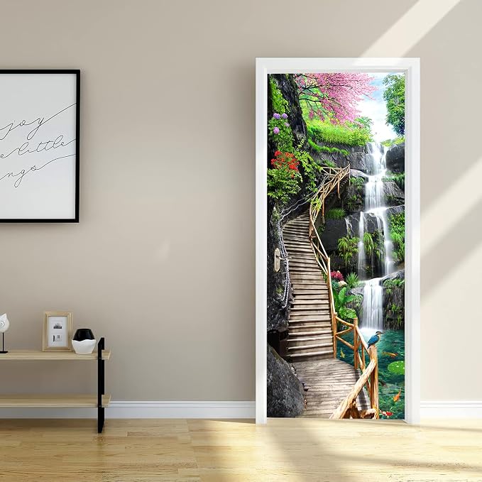artfanke 3D Trestle Bridge Waterfall Door Sticker Peel and Stick 33.5"x84.6"- Self-Adhesive Door Murals Wallpaper - Waterproof Wall Decal for Bedroom Decor (2 Sheets/Set) - Image 3