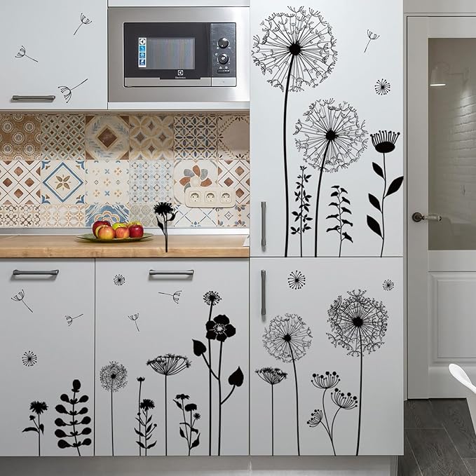 Black Dandelion Wall Decals Peel and Stick - Large Floral Wall Art Stickers with Flying Flowers, Boho Vintage Removable Vinyl Decor for Bedroom Living Room Nursery Bathroom - Image 3