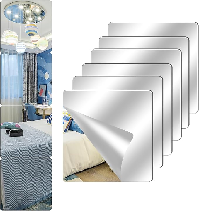 6 Pack Acrylic Mirrors for Wall,8" x 8" Self Adhesive Frameless Small Mirror Tiles, Flexible Plastic Mirror Sheets for Home Wall Decor Bedroom Gym DIY (6, 8" x 8") by Unknown