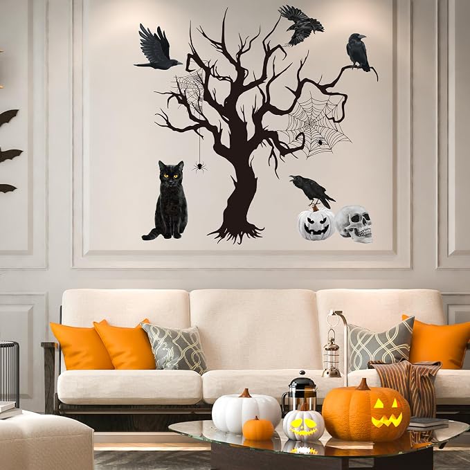 Wxiben Halloween Wall Decals Decor, 4 Pcs Halloween Wall Stickers | Skull Black Cat Tree Crow Removable Murals, Peel and Stick Decal for Home Decor Halloween Party Supplies - Image 4