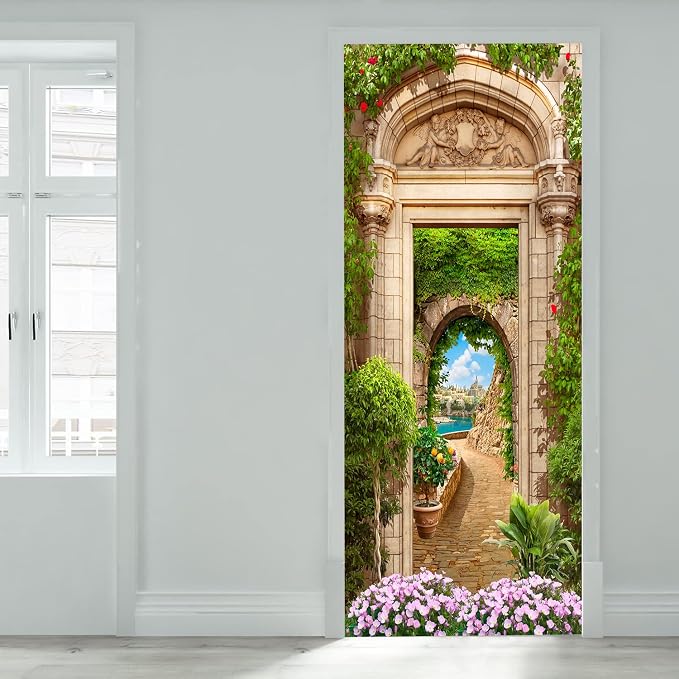 artfanke 3D Beautiful Garden Arch Peel and Stick Door Sticker 33.5"x84.6"-Self-Adhesive Door Murals Wallpaper - Wall Decal for Living Room Bedroom Decor (2 Sheets/Set) - Image 3