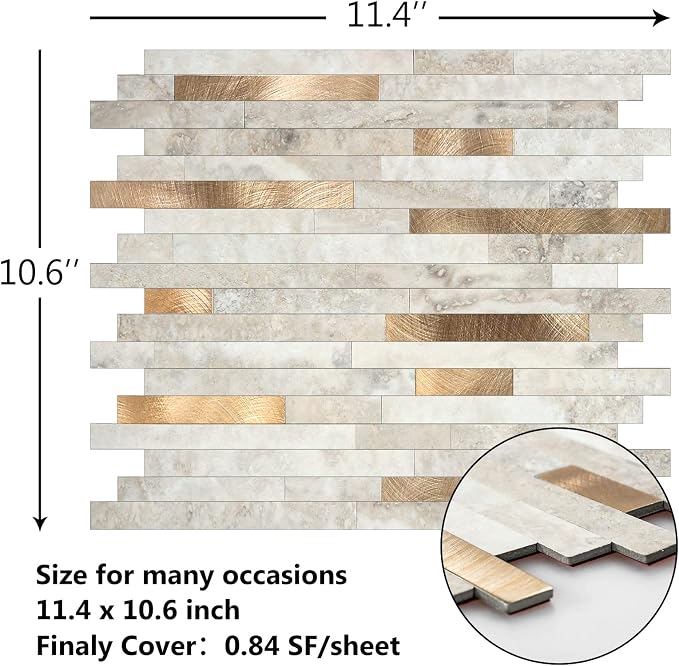KASARO 6-Sheet Peel and Stick Backsplash Tiles for Kitchen, Marble Beige with Vintage Golden Embellished Stripes, Self-Adhesive Aluminum Wall Tile Stick on Bathroom, Fireplace, RV - Image 2