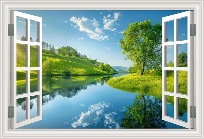 Fake Window Wall Decal- Lake Green Tree Grassland Open Wall Art Sticker | Faux Window Grassy Hills Natural Scenery Landscape Mural｜ Stick and Peel Wall Decals｜for Room Bedroom Office Decor｜24"x16" by Clickhere