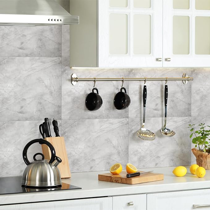 Nuanchu 72 Pcs Peel and Stick Shower Waterproof Tiles Wall Panels 12 x 12 Inch Self Adhesive Backsplash with Ruler Knife & 2 Scrapers for Washroom Bathroom Living Room, Not Real Tile (Grey Marble) - Image 6