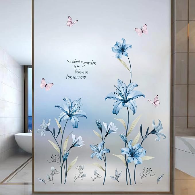 wondever Blue Lily Flower Wall Decals Floral Butterfly Wall Stickers | Peel and Stick, Removable, Wall Art Decals, Wall Decoration, Living Room Bedroom, Office Sofa TV Home Wall Decor - Image 2