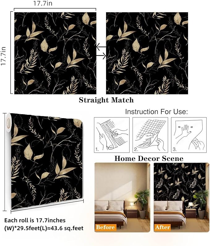 Dark Black and Gold Leaf Peel and Stick Wallpaper 17.7" x 354" | Self-adhesive removable waterproof leaf design for bedroom accent walls and renter friendly spaces - Image 3