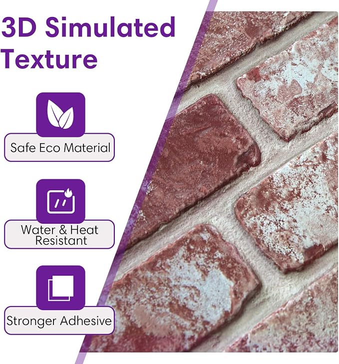3D Faux Brick Wall Panels Peel and Stick, Designed for Quick DIY | Whitewash Light Red, 10 Pcs 11.8" x 11.8", Small Brick-Look, Ultra-Light Thin PVC Fake Brick Wall Covering, Cover 9.7 sq ft - Image 4