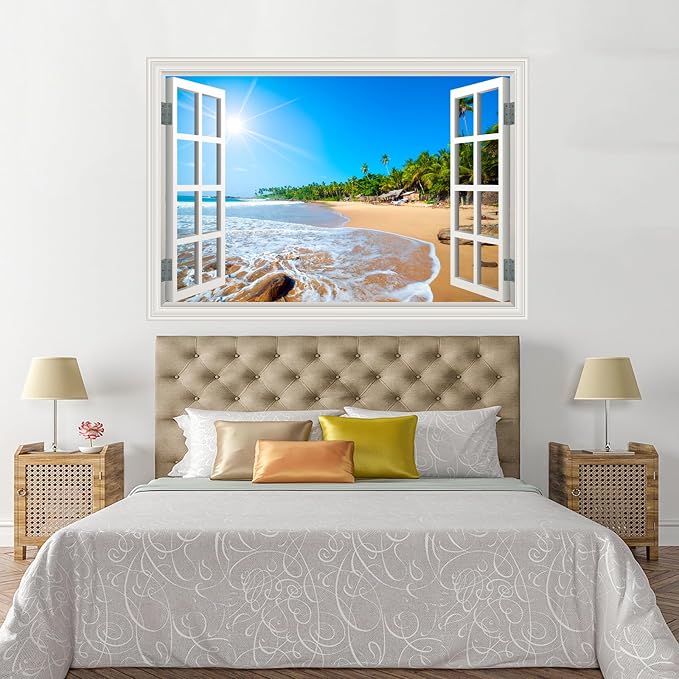 Fake Window Wall Decal- Summer Beach Seascape Coast Open Wall Art Sticker | Faux Window Tropical Ocean Natural Landscape Mural｜ Stick and Peel Wall Decals｜for Room Office Decor｜48"x32",Set of 2 Sheets - Image 9