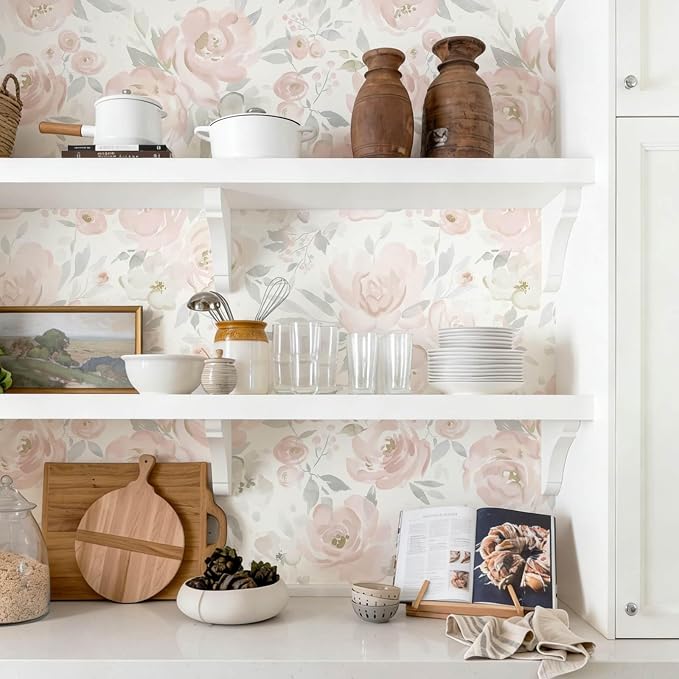 Heroad Peel and Stick Wallpaper Floral Wallpaper Pink Flower Contact Paper 17.3''x196'' Rose Removable Self-Adhesive Wall Paper for Cabinets Bedroom Bathroom Stick on Walls Papel Tapiz para Pared - Image 2