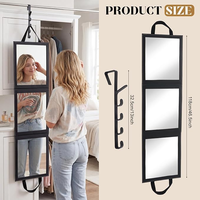 Novabright 3-Panel Over The Door Full Length Mirror, Foldable Hanging Acrylic Body/Makeup Mirror with Height Adjustable Hook for Bedroom Closet Bathroom, Dance Travel Camping (Black) - Image 2