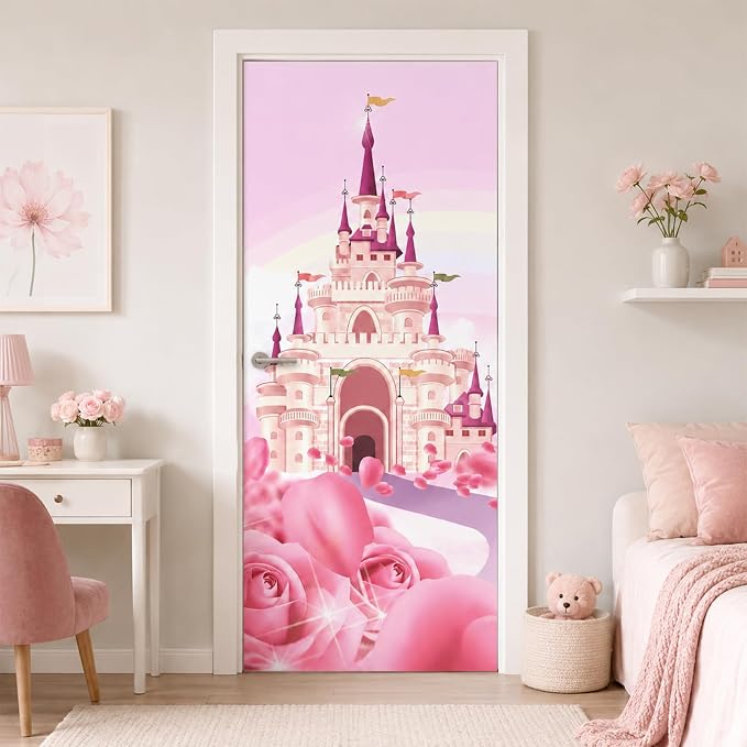 Door Stickers Peel Stick Murals-Wall Cover Decorative Decal Pink Castle | 30.3"W x 78.7"H, 3D Pink Castle Wallpaper，Waterproof Removable Opaque Vinyl Self Adhesive Fake Door Decor for Home Office by ChezMax