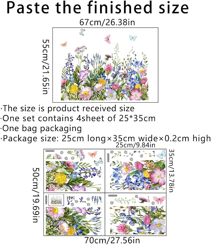 4 Pieces Flowers Wall Decals Vinyl Flowers Wall Stickers Removable Floral Murals Peel and Stick Colorful Flower Decor for Girls Bedroom Living Room Nursery (Butterfly) - Image 2