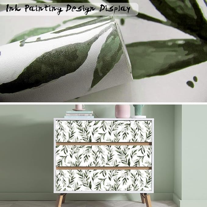 Livebor Leaf Wallpaper Peel and Stick Green Contact Paper17.7” x 590.5” | Sage Green Peel and Stick Wallpaper Adhesive Shelf Liner Wall Paper for Bathroom Neutral Olive Wallpaper Decorative Vinyl - Image 4