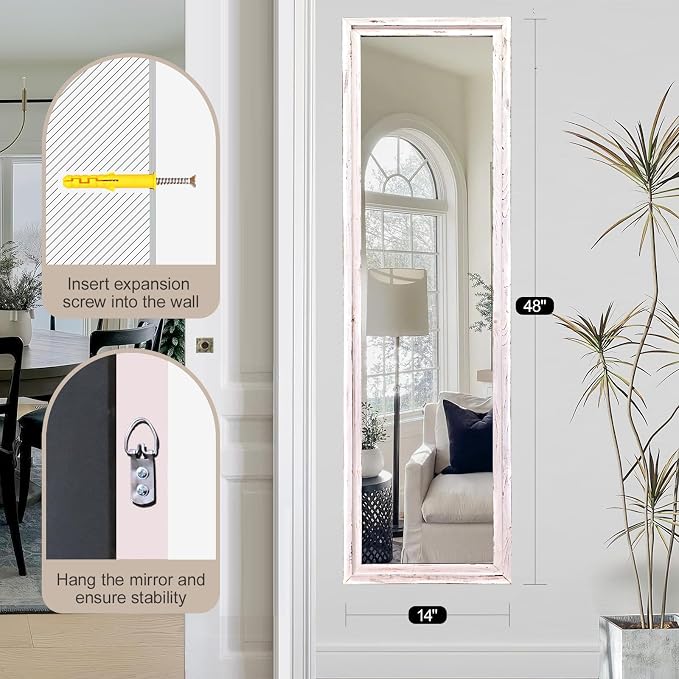 48"x14" Door Mirror, Rustic Full Length Mirror, Over The Door Hanging Mirrors Full Length, Wooden Hanging Mirrors for Bedroom, Bathroom, White - Image 7