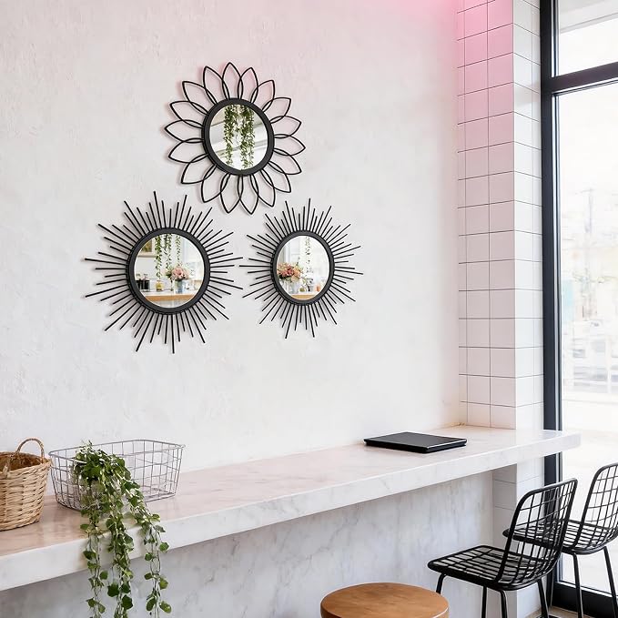 Set of 3 Black Metal Sunburst Wall Mirrors - 12" Round Decorative Art for Living Room Bedroom Bathroom Entryway, No Assembly Required, Rust Resistant Design - Image 7