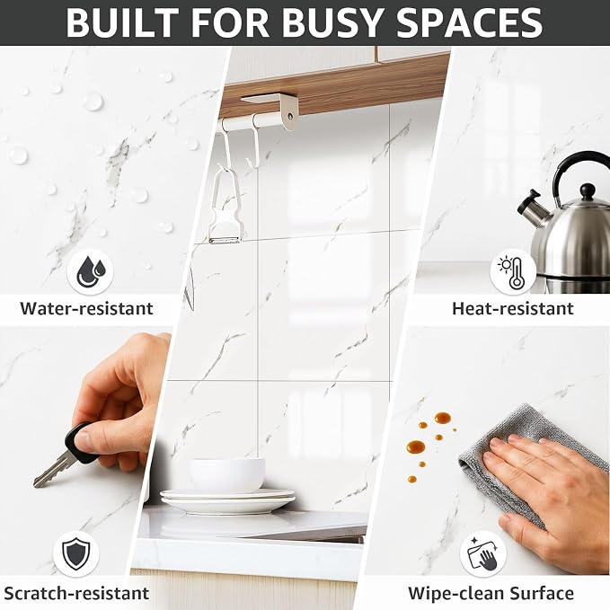 WADILE 20PC Peel and Stick Waterproof Wall Panels 11.8 x 11.8 White | Marble look, Self adhesive, PVC Panels, Lightweight Foam Wall Panels, Bathroom, Kitchen, Not Real Tile - Image 5
