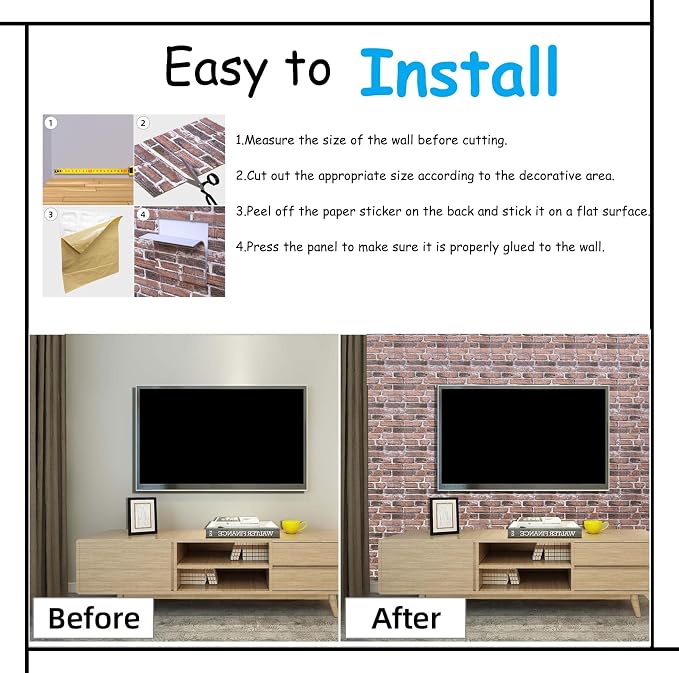 Faux Brick Wall Panels, 20 PCS, Red | 3D Wall Panels Peel and Stick, XPE Foam 3D Wallpaper, Self-Adhesive Faux Stone Wall Panels for Bedroom, Stairs, Kitchen - Image 3